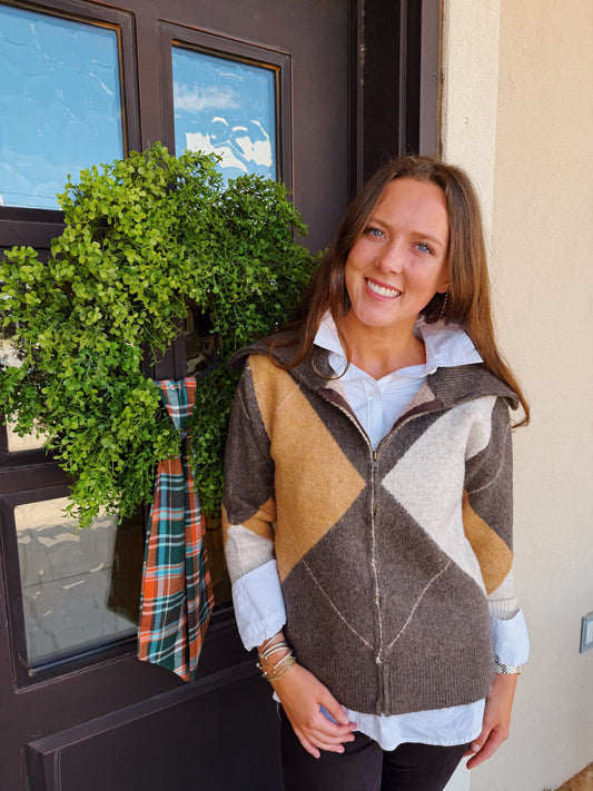 Willow Argyle Zip Sweater