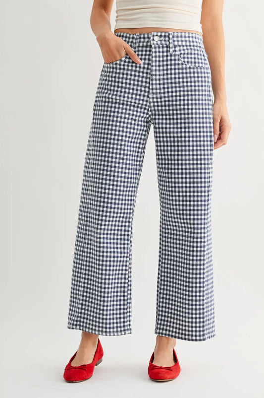Navy Gingham Barrel Jean