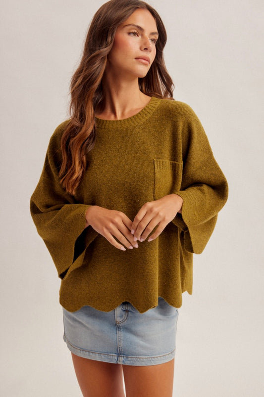 Olive Scalloped Edge Sweater