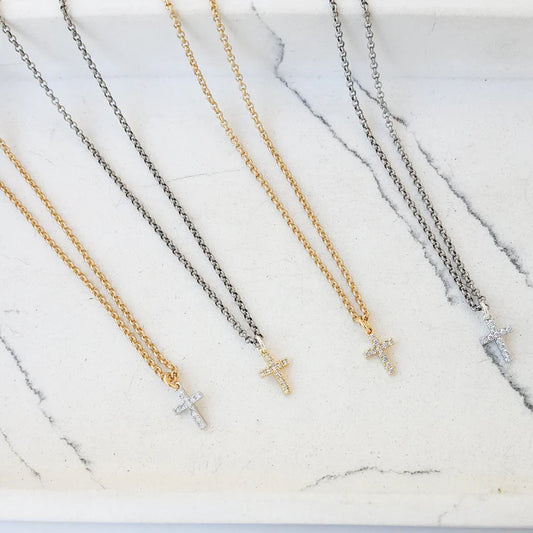 Small Rolo Necklace with Petite Pave Cross - Silver Chain w/Gold Cross