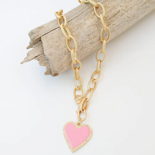 Etched Chain W/ Enamel Heart - Light Pink