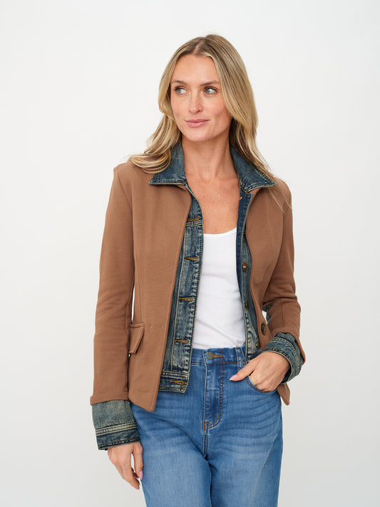 Clarissa Mixed Media Denim Jacket - Tobacco