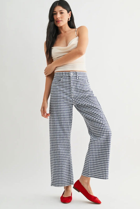 Navy Gingham Barrel Jean