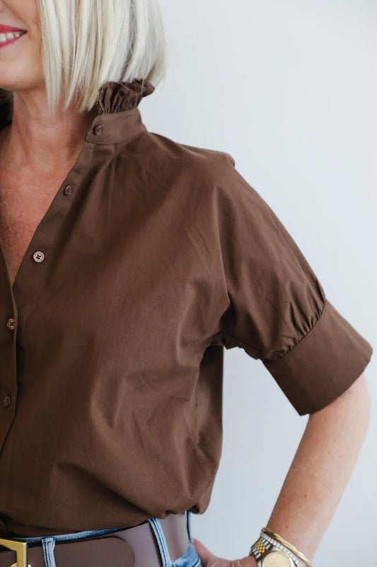 Short Sleeve Ruffle Shirt - Chocolate Brown