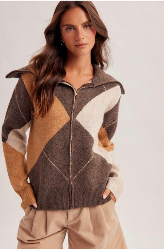 Willow Argyle Zip Sweater