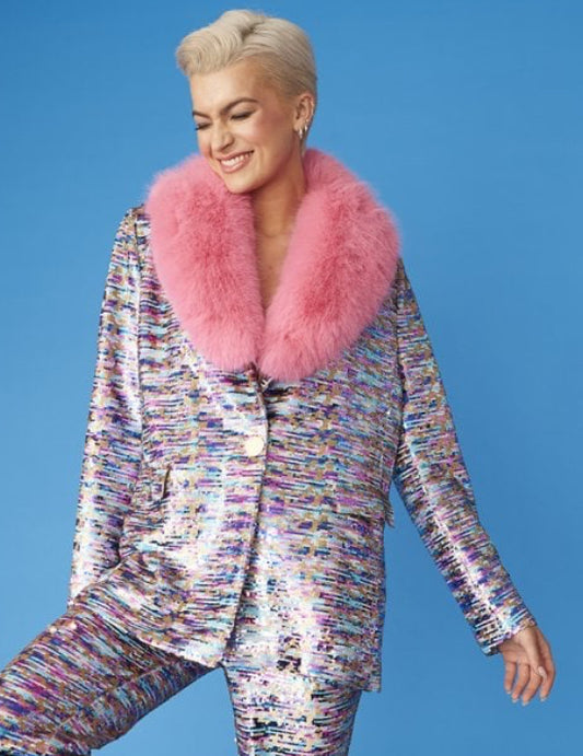 Sequin Blazer with Detachable Faux Fur Collar