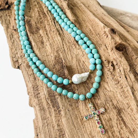 Multicolor Cross on 8mm Beaded Necklace - Turquoise