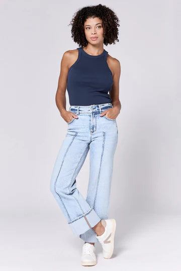 Holly High Rise Cuffed Hem Straight Jeans - Lakeshore Wash